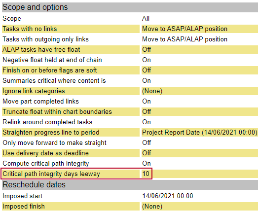 A portion of the reschedule report, with 'Critical path integrity days leeway' highlighted