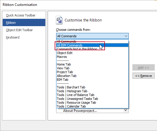 The new 'All BIM Commands' option, highlighted on the Ribbon tab of the Ribbon Customisation dialog