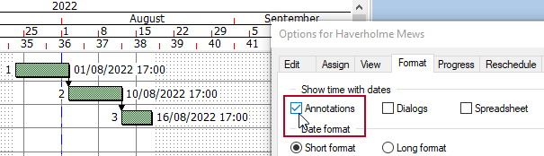 The Annotations check box selected, and times displayed with dates in the bar chart