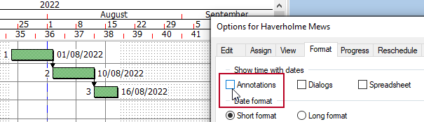 The Annotations check box cleared, and dates displayed without times in the bar chart