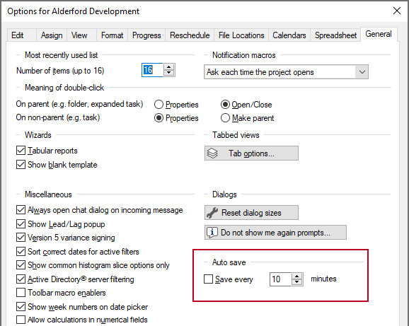 The new Save every x minutes check box, highlighted on the General tab of the Options dialog