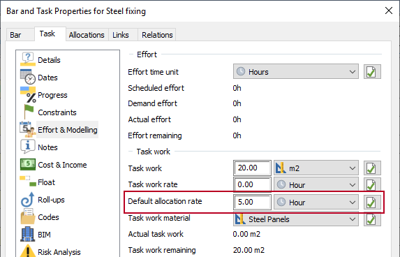 The Default allocation rate field, highlighted on the Bar and Task Properties dialog