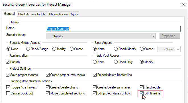 The new 'Edit timeline' check box, highlighted on the Security Group Properties dialog