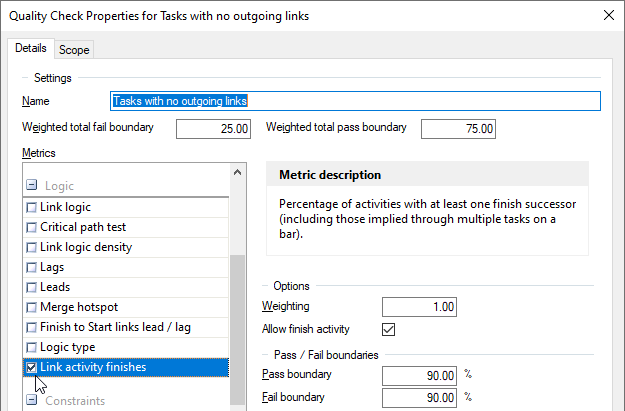 The new 'Link activity finishes' quality metric, selected on the Quality Check Properties dialog
