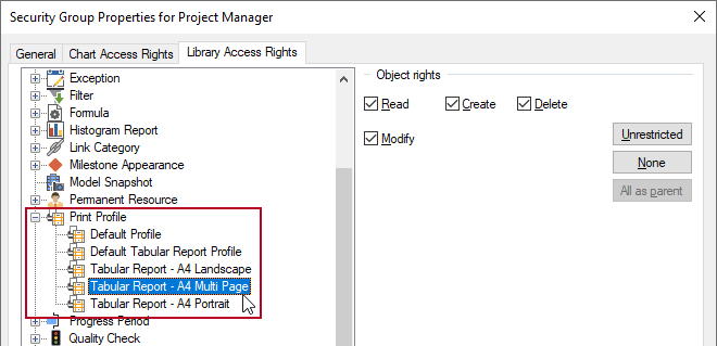 Print profile access rights on the Security Group Properties dialog
