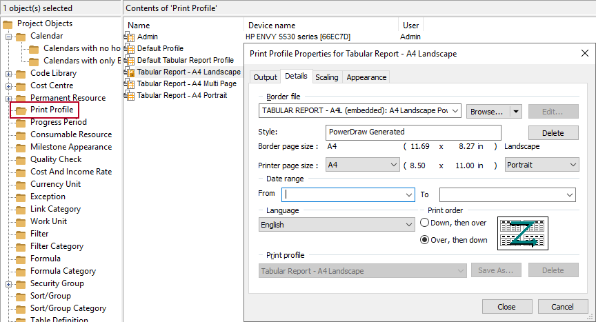 The new Print Profile Properties dialog