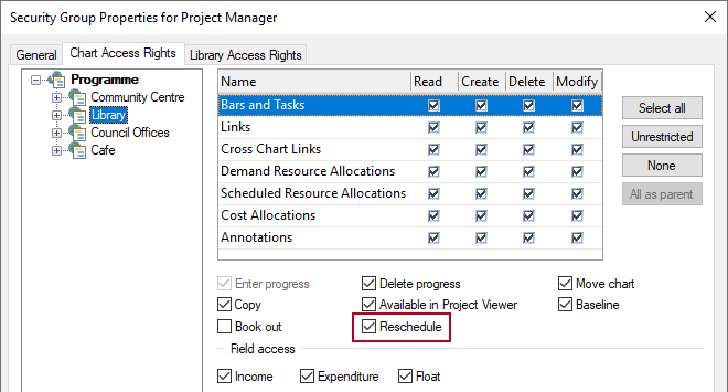 The new Reschedule check box, highlighted on the Chart Access Rights tab of the Security Group Properties dialog