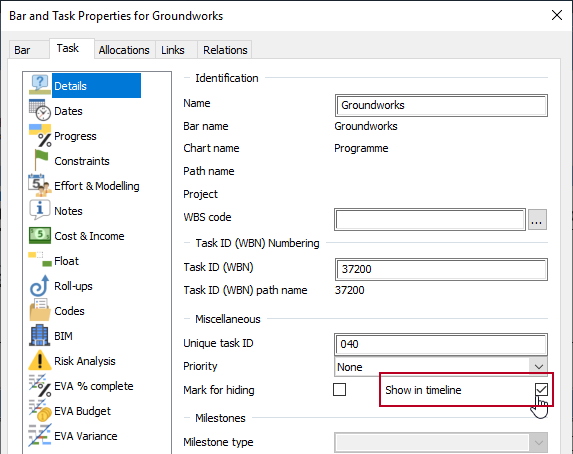 The new 'Show in timeline' check box, highlighted on the Bar and Task Properties dialog