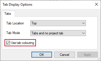 The 'Use tab colouring' check box, highlighted on the Tab Display Options dialog