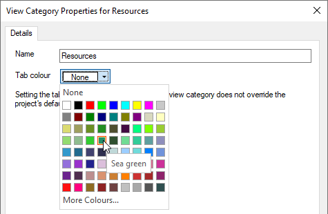 The 'Tab colour' field on the new View Category Properties dialog