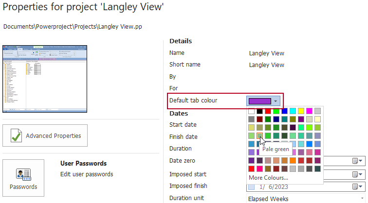 The new 'Default tab colour' field, highlighted on the Properties tab of the Backstage view