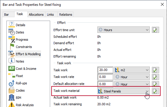 The Task work material field, highlighted on the Bar and Task Properties dialog