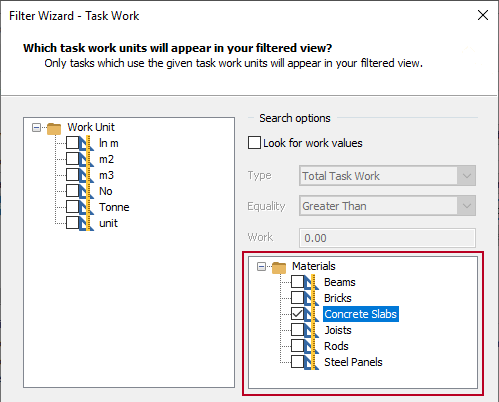 The Materials field, highlighted on the Task Work page of the Filter Wizard