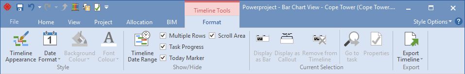 The timeline formatting controls on the Ribbon