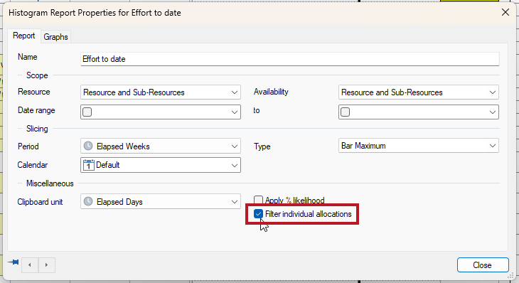 The new 'Filter individual allocations' check box, highlighted on the Report tab of the Histogram Report Properties dialog