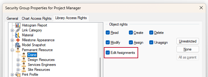 The new 'Edit Assignments' check box, highlighted on the Library Access Rights tab of the Security Group Properties dialog
