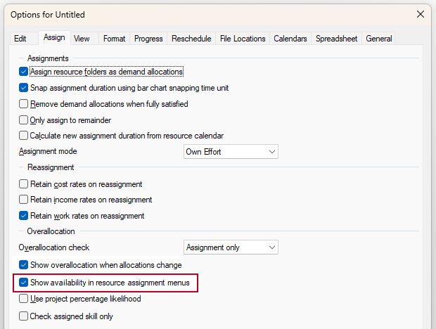 The 'Show availability in resource assignment menus' check box, highlighted on the Assign tab of the Options dialog