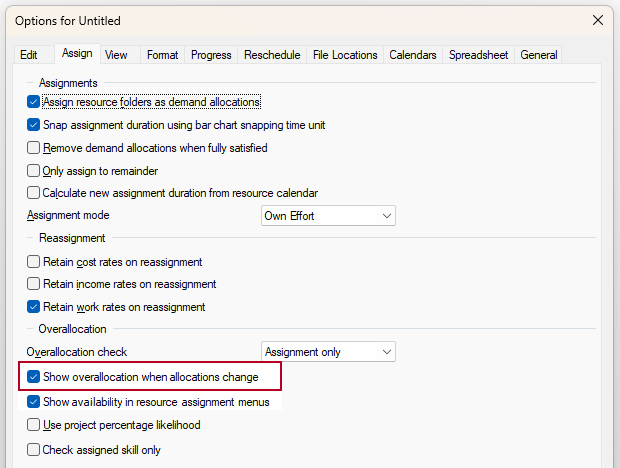 The 'Show overallocation when allocations change' check box, highlighted on the Assign tab of the Options dialog