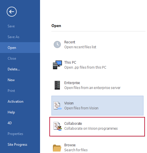 The new 'Collaborate' option, highlighted on the Open tab of the Backstage view