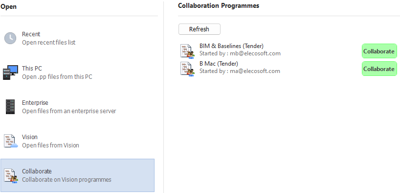 The 'Collaboration Programmes' section of the Backstage view Open tab