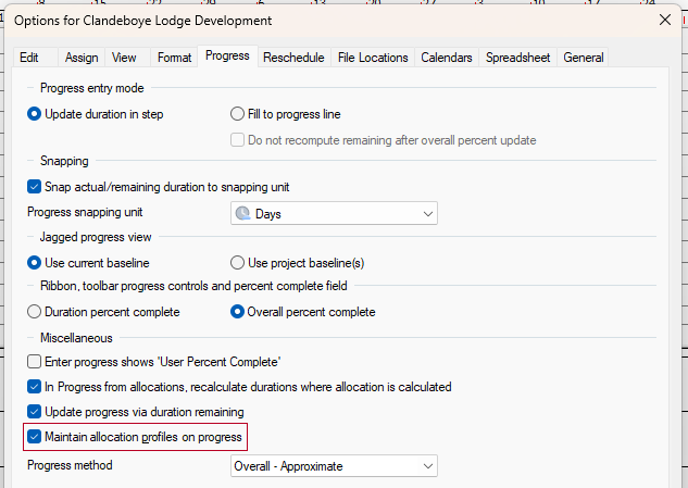 The new 'Maintain allocation profiles on progress' check box, highlighted on the Progress tab of the Options dialog