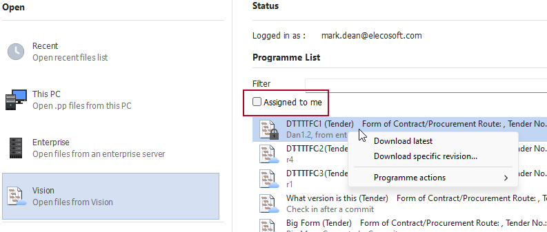 The new 'Assigned to me' check box, highlighted on the Open tab of the Backstage view