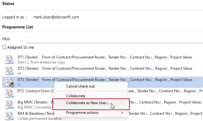The 'Collaborate as New User' right-click menu command, highlighted