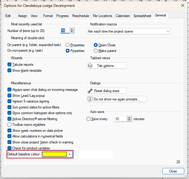 The new 'Default baseline colour' field, highlighted on the General tab of the Options dialog