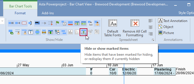 The 'Hide or show marked items' Ribbon control, highlighted