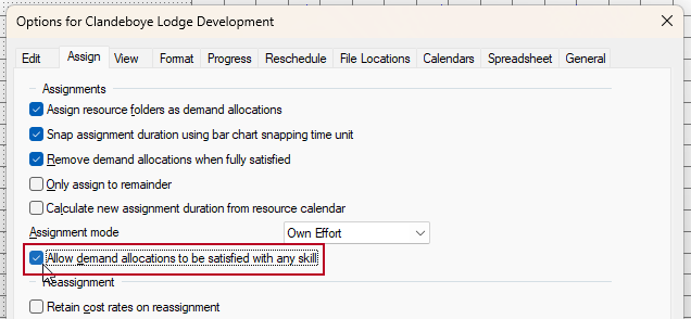 The new 'Allow demand allocations to be satisfied with any skill' check box, highlighted on the Assign tab of the Options dialog