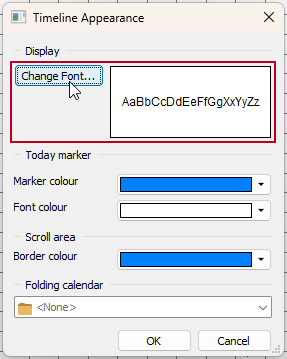 The new 'Change Font' button, highlighted on the Timeline Appearance dialog