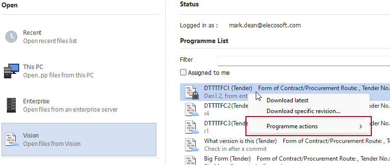 The new 'Programme actions' right-click option, highlighted on the Open tab of the Backstage view