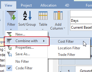 The new 'Combine with' Filter menu command, highlighted on the Ribbon