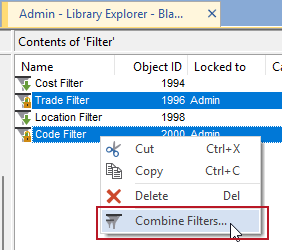 The new 'Combine Filters' Library Explorer right-click menu command, highlighted