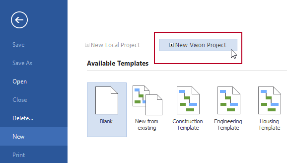 The new 'New Vision Project' command, highlighted on the New tab of the Backstage view