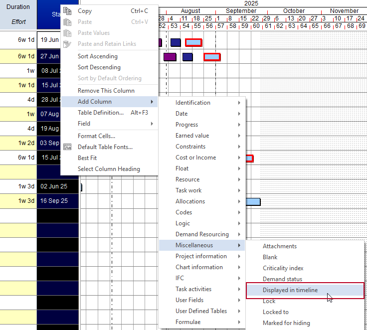 Selecting the new 'Displayed in timeline' field from the right-click menu
