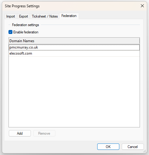 The new Federation tab of the Site Progress Settings dialog