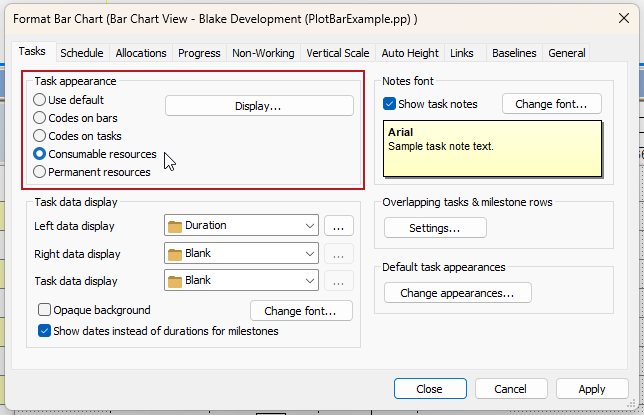 The Tasks tab of the Format Bar Chart dialog, with the Task appearance group of fields highlighted