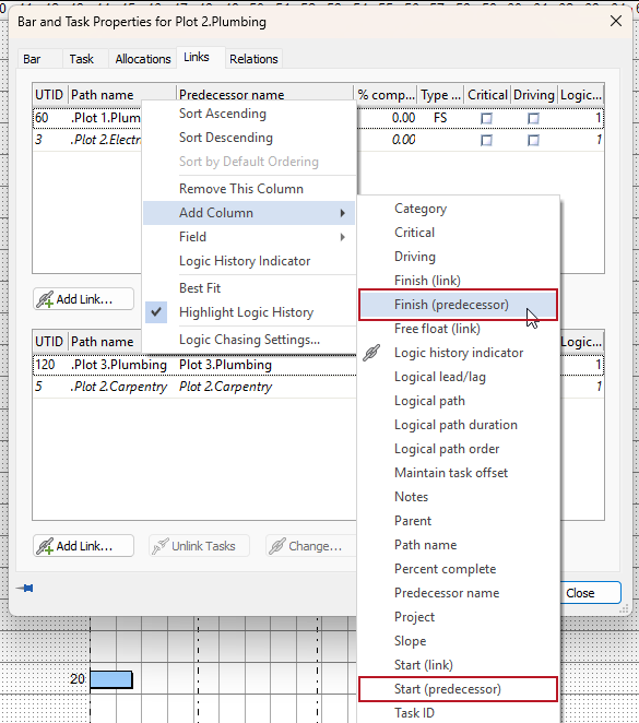Selecting the new 'Finish (predecessor)' field to display in a column on the Links tab of the Bar and Task Properties dialog