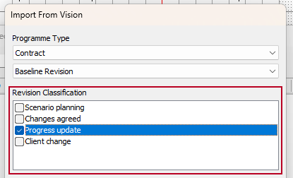 The new 'Revision Classification' field, highlighted on the Import From Vision dialog