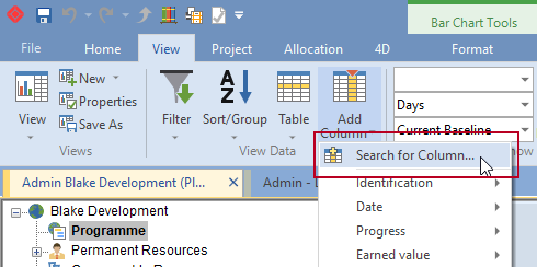 The new 'Search for Column' spreadsheet menu command, highlighted on the Ribbon