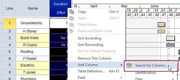 The new 'Add Column - Search for Column' menu command, highlighted in the spreadsheet's right-click menu