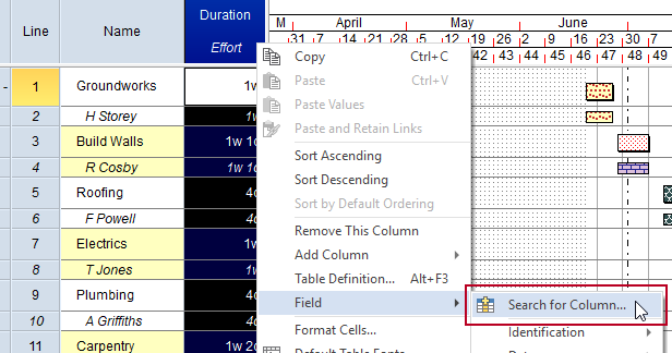 The new 'Field - Search for Column' menu command, highlighted in the spreadsheet's right-click menu