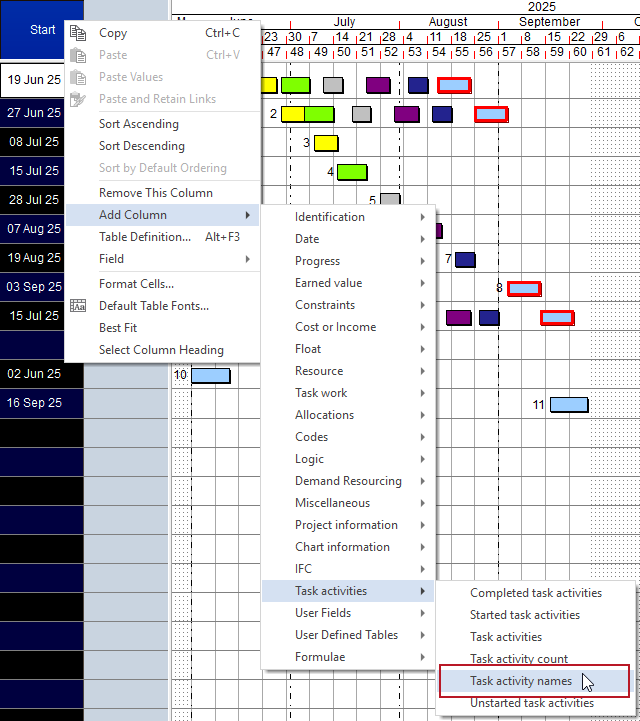 Selecting the new 'Task activity names' field from the right-click menu