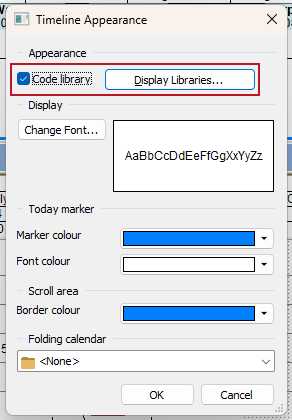The new 'Code library' check box and 'Display Libraries' button, highlighted on the Timeline Appearance dialog