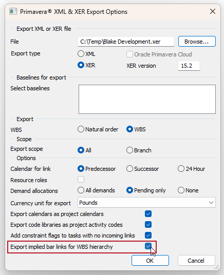 The new 'Export implied bar links for WBS hierarchy' check box, highlighted on the Primavera XML & XER Export Options dialog