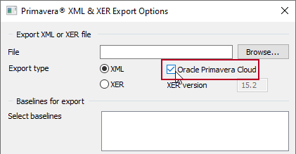 The new 'Oracle Primavera Cloud' radio button, highlighted on the Primavera XML & XER Export Options dialog