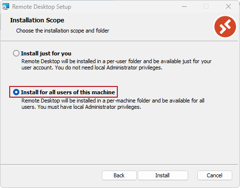 The Installation Scope screen of the Remote Desktop Setup Wizard