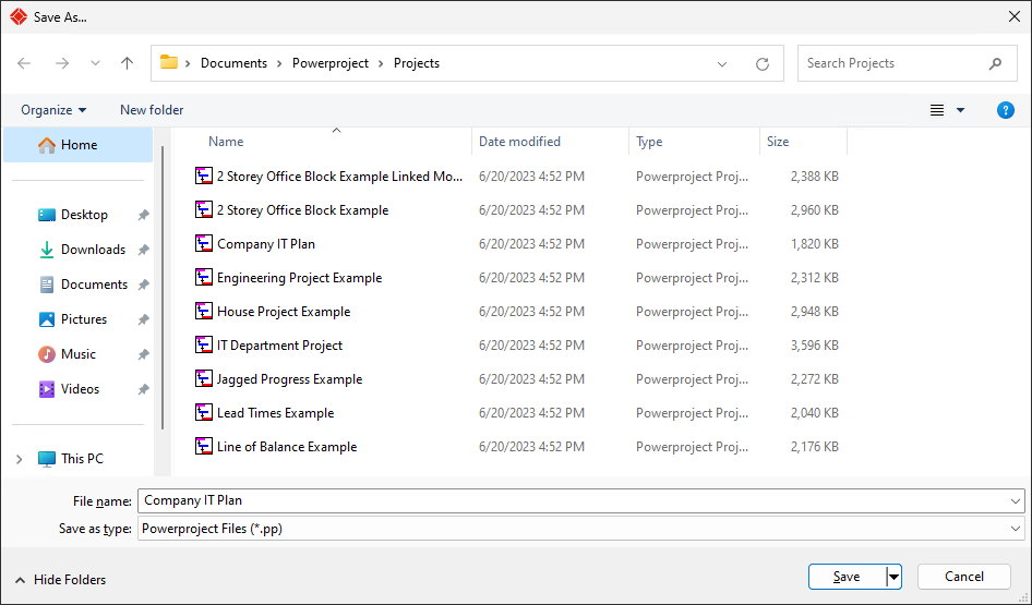 The Save As dialog, displaying your Cloud storage 'Projects' folder
