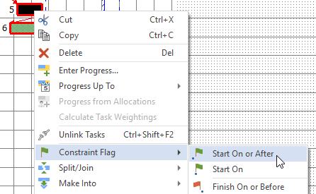 Right-clicking the Dig Footings task and selecting Constraint Flag - Start On or After from the menu that appears